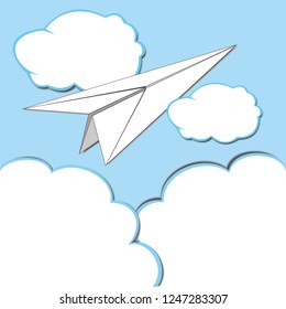 Paper plane flying in the sky with white cloud