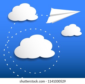 paper plane flying through clouds vector illustration