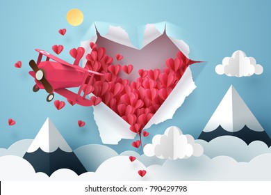 Paper plane flying through a heart hole and ripped to the sky, paper art and valentine's day concept, vector art and illustration.