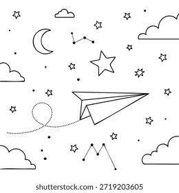 Paper Plane Flying Through Night Sky With Moon Clouds And Stars