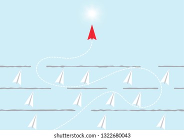 Paper plane flying through obstacle with  red plane is the winner, business competition successful goal concept vector illustration