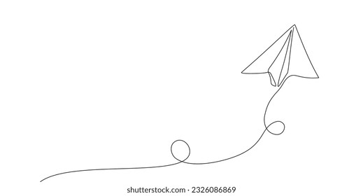 Paper plane flying up. Continuous single line drawing for business, travel or journey illustration. Single line art style. Airplane with destination line path. Abstract doodle handdrawn travel concept