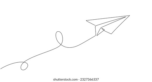 Paper plane flying up. Continuous one line drawing for business, travel or journey illustration. Single line art style. Airplane with destination line path. Doodle handdrawn drawing editable stroke