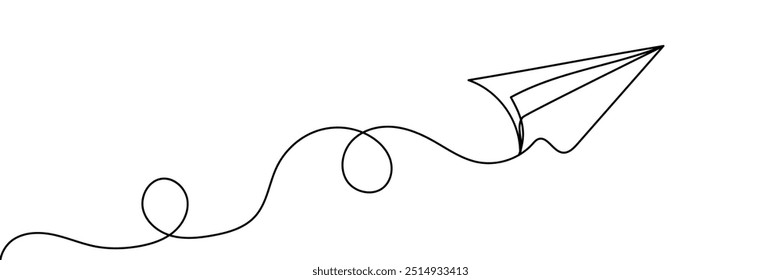 Paper plane flying up. Continuous one line drawing for business, travel or journey illustration. Single line art style. Airplane with destination line path. Doodle handdrawn drawing editable stroke