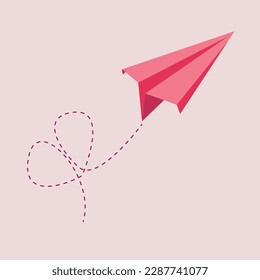Avión de papel volando. Día de San Valentín. Plano rosa de papel con corazón. Ilustración plana, ilustración vectorial EPS 10