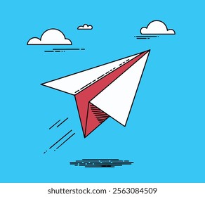 Paper plane with folded paper plane flying in the sky with clouds in blue sky, white color folded paper plane flying in blue sky and clouds in bg.