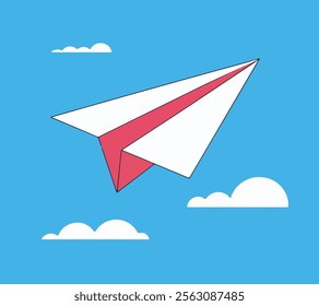 Paper plane with folded paper plane flying in the sky with clouds in blue sky, Folded paper plane flying in blue cloudy sky with clouds in sunny day.