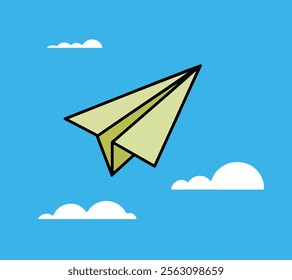 Paper plane with folded paper plane flying in the sky with clouds in blue sky, green folded paper plane flying in blue sky and white cloud in bg.