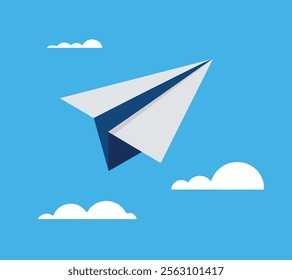 Paper plane with folded paper plane flying in the sky with clouds in blue sky, Folded paper plane flying in blue cloudy sky and cloud in sunny day