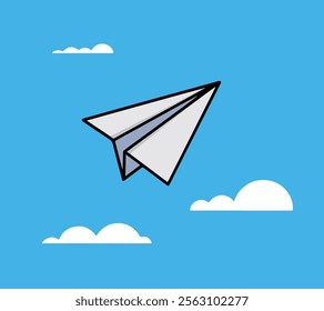 Paper plane with folded paper plane flying in the sky with clouds in blue sky, Folded paper plane flying in blue cloudy sky with clouds in sunny day.