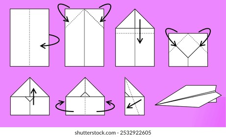 guia passo a passo de dobramento de plano de papel para crianças livro. instrução para origami de papel com passos simples. diversão, criatividade, aprendizagem, ensino, voo, liberdade, brinquedo, imaginação etc conceito.	
