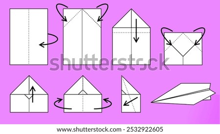 paper plane folding step by step guide for kids book. instruction for paper origami with simple steps. fun, creativity, learning, teaching, flying, freedom, toy, imagination etc concept.	
