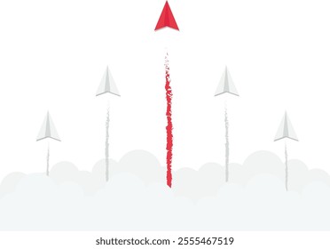 Paper plane go to success goal, airplanes teamwork flying, business start up, leadership, creative idea, different Approach, Vector illustration design concept in postcard template

