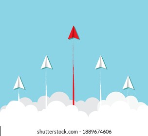 Paper plane go to success vector business financial concept start up, leadership, creative idea symbol paper art style illustration.  Creative an effort to get ahead in the ranking.