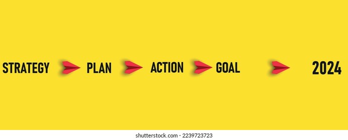 The paper plane is going from the plans to 2024 goals. Business hierarchy structure idea concept. Business and finance marketing idea for year 2024.