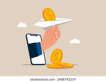 Paper plane with gold coin inside. Concept of online banking and payments,  transactions. Flat vector illustration