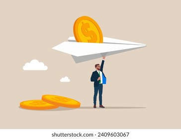 Paper Plane with Gold Coin Inside. Concept of Money Transfers, Transactions. Flat vector illustration