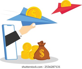 Paper plane with gold coin inside. Concept of online banking and payments, transactions. Flat vector illustration

