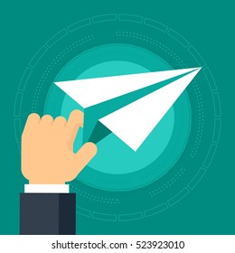 Paper plane in hand of the businessman. Business concept of successful strategic planning and leadership charisma. Flat vector cartoon Paper plane illustration. Objects isolated on a white background.
