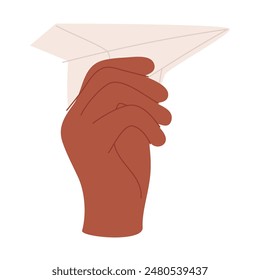 Paper plane in hand icon. Arm holding origami airplane to throw and fly. Start, target, launch concept. Sending messages, mails with aircraft. Flat vector illustration isolated on white background