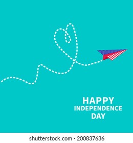 Paper plane with heart. Dash line. Happy independence day United states of America. 4th of July. Vector illustration