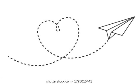 Paper plane with heart path. Flying airplane with dotted air route in heart, romantic or message valentine day card vector design. Love plane flight, airplane transport, airline travel illustration