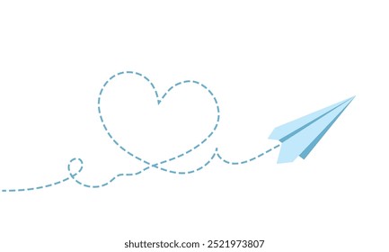 Paper plane with heart path. Flying airplane with dotted air route in heart, romantic or message valentine day card vector illustration