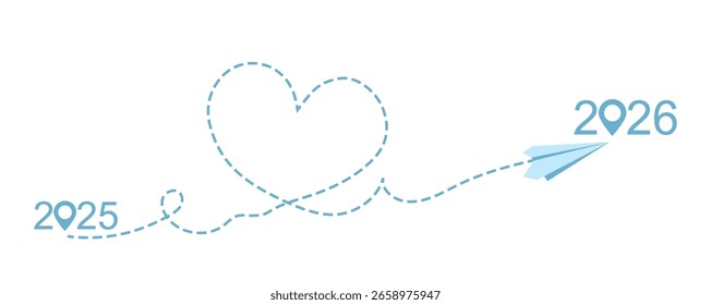 Paper plane with heart path. Flying airplane with dotted air route from 2025 to 2026 vector illustration