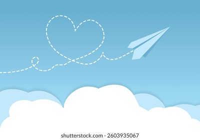 Paper plane with heart path on blue sky. Flying airplane with dotted air route in heart, romantic or message valentine day card vector illustration