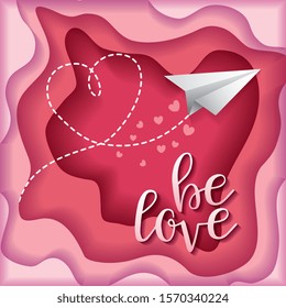 paper plane with heart path over pink background. vector illustration