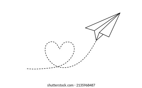 Paper plane with heart shaped dotted path. Love travel concept. Paper airplane on white background. Vector illustration.