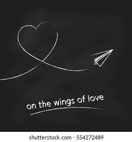 Paper plane with heart track on black chalkboard background. Concept for Valentines day design. Vector illustration.