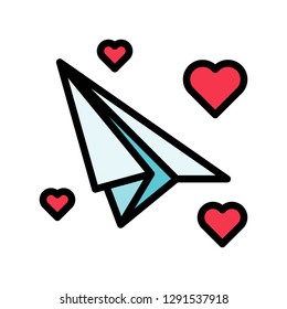 Paper plane with heart vector, Valentine and love related filled outline style icon
