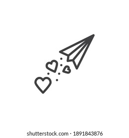 Paper plane and hearts line icon. linear style sign for mobile concept and web design. Valentine day hearts and airplane outline vector icon. Symbol, logo illustration. Vector graphics