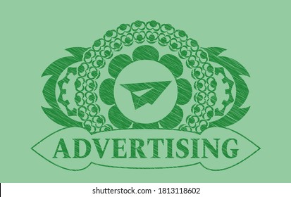 paper plane icon and Advertising text Green stroke realistic emblem. Eco chic background. Artistic illustration. 