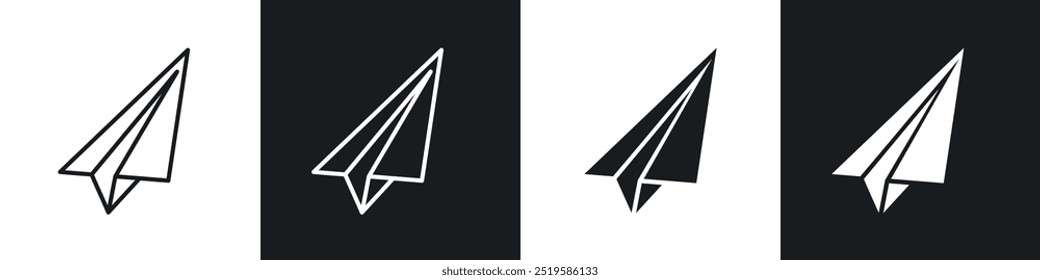 Paper plane icon collection in black and white filled and stroke line style.