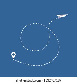 Paper plane icon with the dotted line route. Vector illustration.