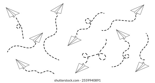 Paper plane icon with dotted line vector. Illustration of a flying paper plane.  Travel and message sign symbol. Paper plane, Airplane vector.  Paper flying plane, Vector illustration.