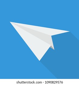 paper plane icon in flat style with long shadow, isolated vector illustration on blue transparent background