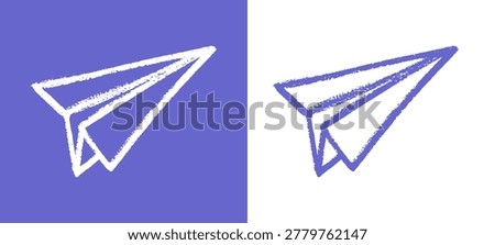 Paper plane icon in hand drawn crayon style with purple texture. Creative urban flight and imagination doodle for streetwear graphic design.