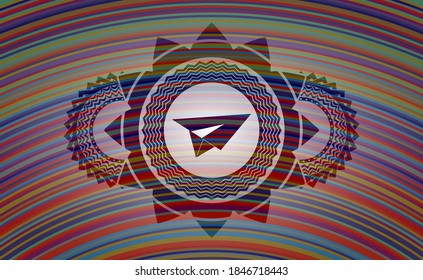 paper plane icon inside colorful realistic emblem. Showy fancy background. Intense illustration. 