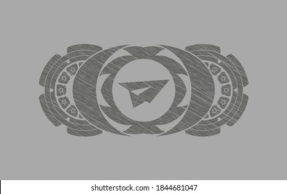 paper plane icon inside Grey stroke badge. Solid chic background. Vector illustration. 