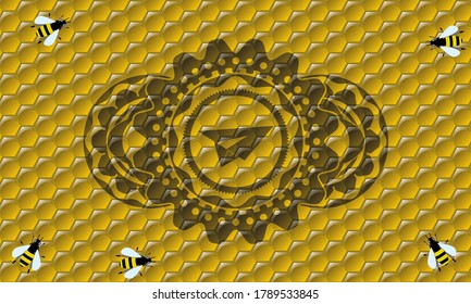 paper plane icon inside honey realistic badge. beekeeping fashionable background. Illustration. 
