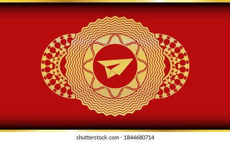 paper plane icon inside Red and Gold realistic badge. Traditional handsome background. Intense illustration. 