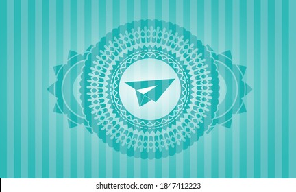 icono del plano de papel dentro del emblema realista turquesa. Los bares de lujo. Ilustración. 