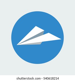 Paper plane icon isolated inside sky blue circle background. Symbol of a white papercraft origami airplane in flat style. Mail or message application sign. Vector illustration eps8.