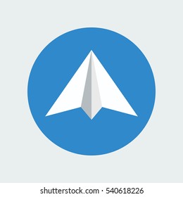 Paper plane icon isolated inside sky blue circle background. Symbol of a white papercraft origami airplane in flat style. Mail or message application sign. Vector illustration eps8.