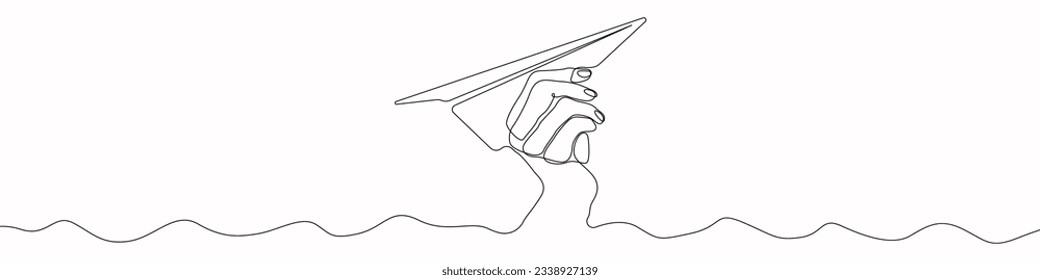Paper plane icon line continuous drawing vector. One line Paper airplane in hand icon vector background. Launching a toy airplane icon. Continuous outline of a Paper plane icon.