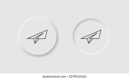 Paper plane icon in neumorphism style. Icons for business, white UI, UX. Send message symbol. Origami handmade airplane, new message. Neumorphic style. 