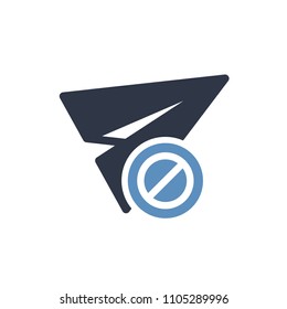 Paper plane icon, other icon with not allowed sign. Paper plane icon and block, forbidden, prohibit symbol. Vector illustration